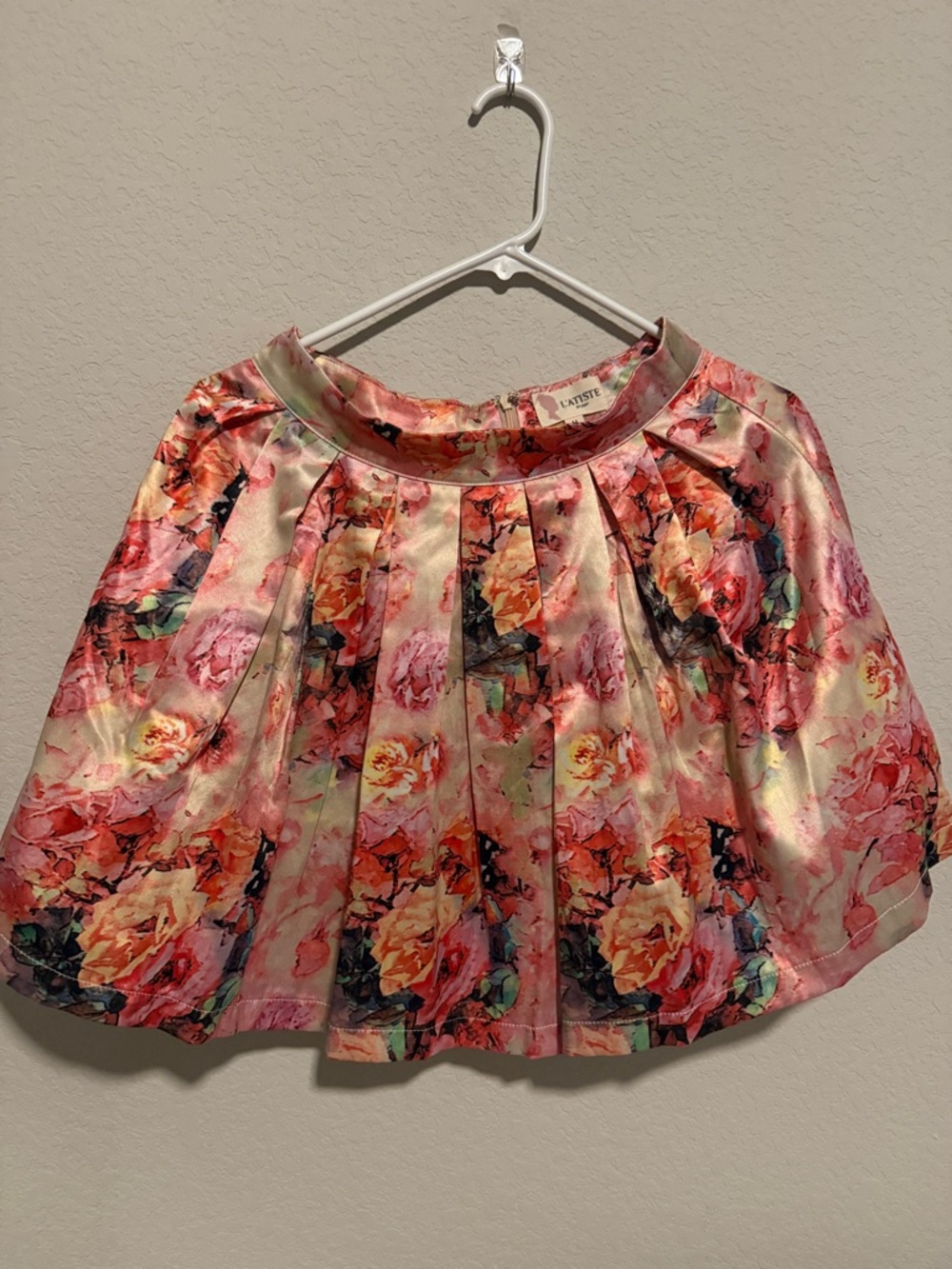 L'ATISTE Pink and Peach Floral Pleated Satin Skirt